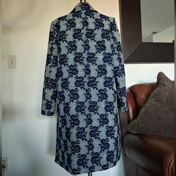 Halogen Blue Floral Plaid Print Ruffle Coat - Picture 3 of 11